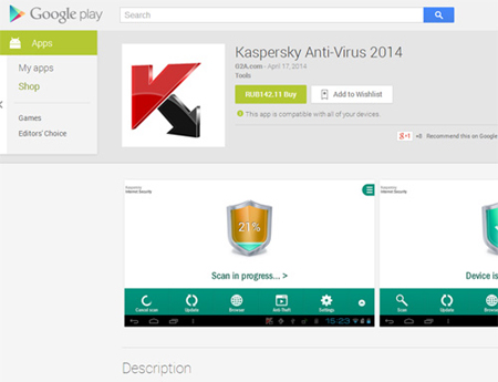 Ứng dụng giả mạo Kaspersky Anti-Virus 2014 trên Google Play.